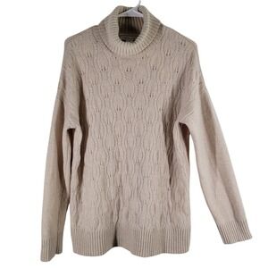 Tabitha Webb Turtleneck Sweater Womens Large Oatmeal Pointelle Cable Knit Wool
